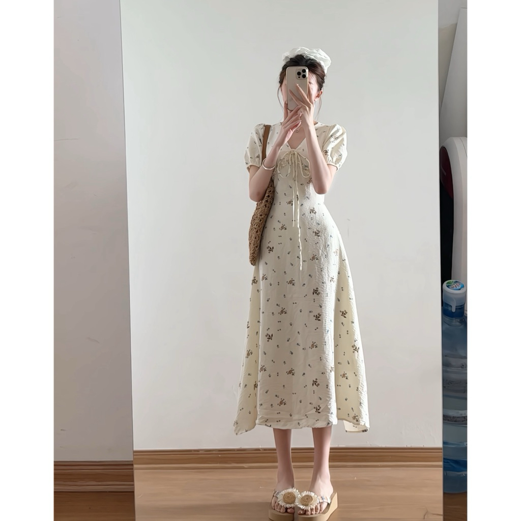 Váy hoa nhí cổ V bèo tay phồng dáng dài tiểu thư 2 lớp xixeoshop - V97 | BigBuy360 - bigbuy360.vn