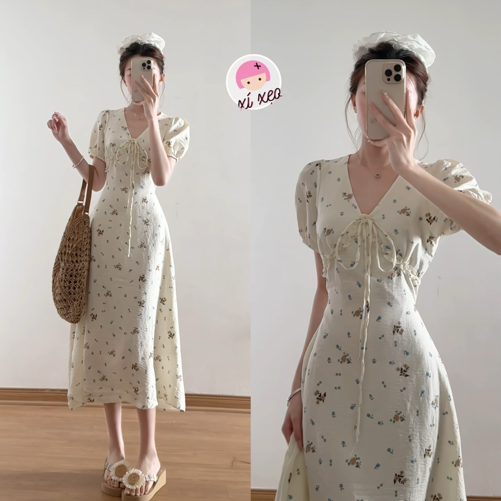 Váy hoa nhí cổ V bèo tay phồng dáng dài tiểu thư