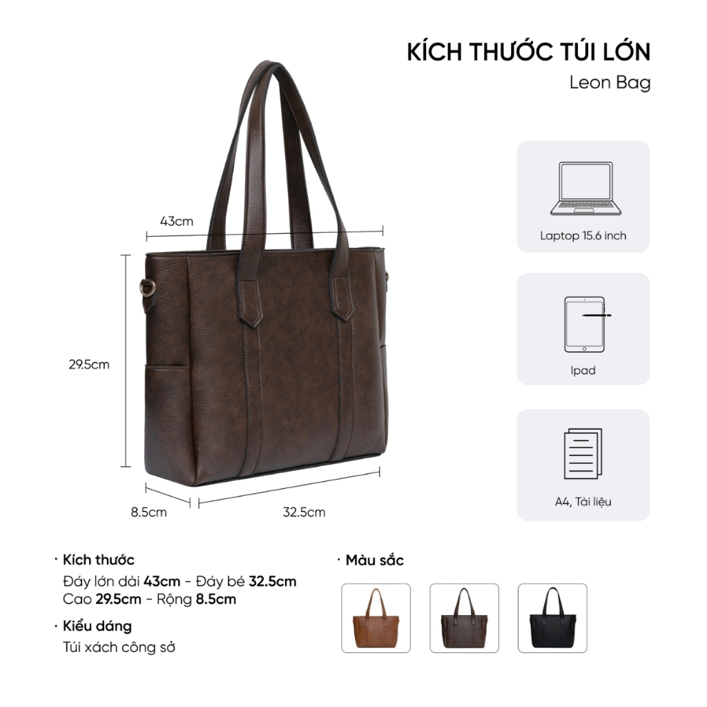 Túi da công sở nữ LIMI (2 màu) đựng laptop 15.6 inch A4 xách tay size lớn đi dạy đi làm (LEON) | BigBuy360 - bigbuy360.vn