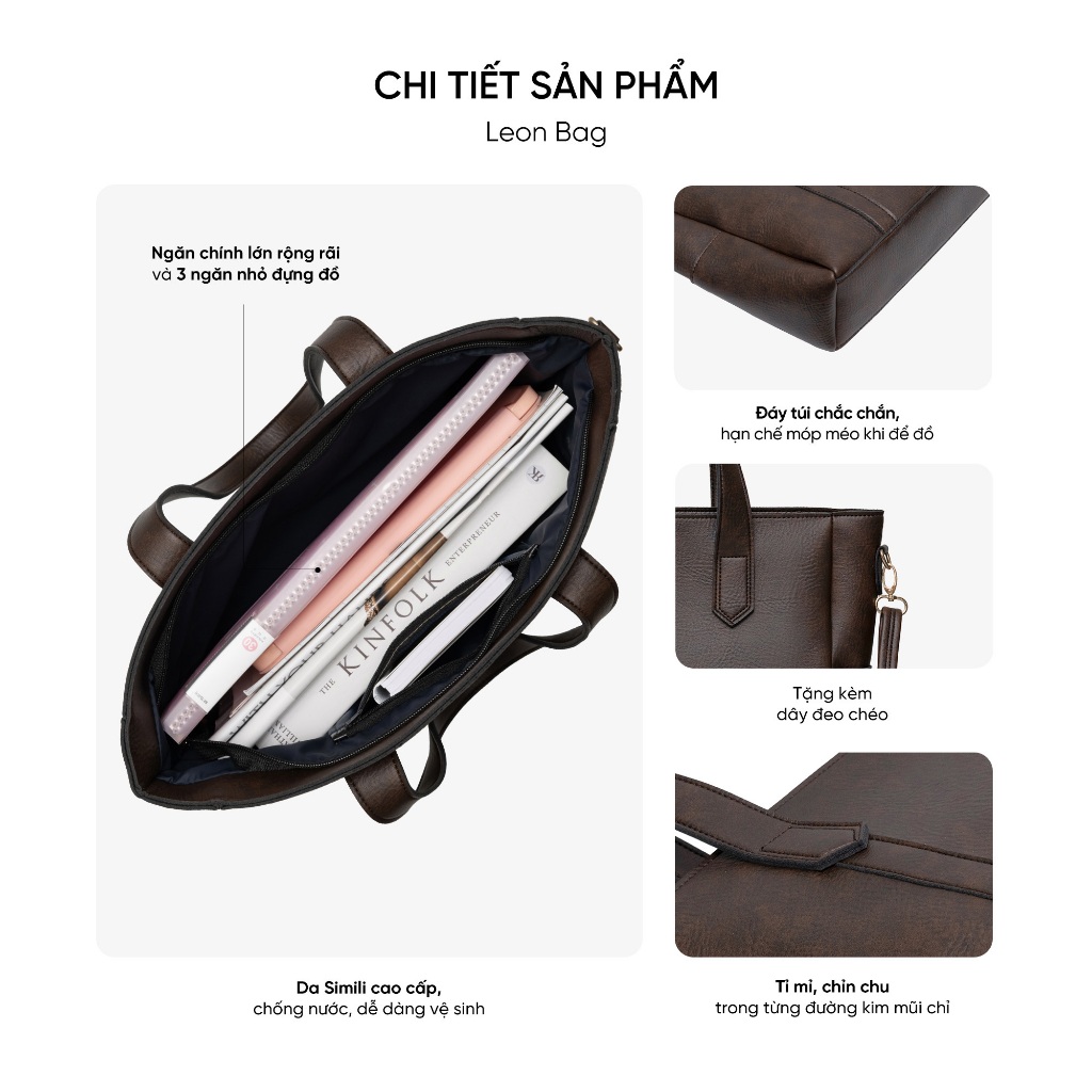 Túi da công sở nữ LIMI (2 màu) đựng laptop 15.6 inch A4 xách tay size lớn đi dạy đi làm (LEON) | BigBuy360 - bigbuy360.vn