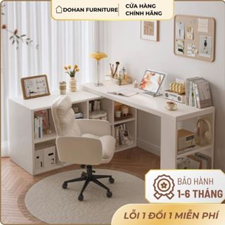 Bàn làm việc chữ L đa năng với thiết kế kèm tủ sách tổ ong để đồ full trắng hiện đại - GP368