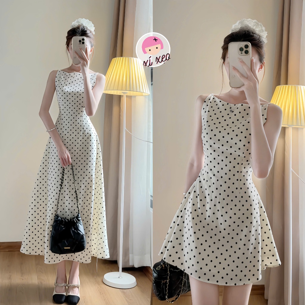 Váy cổ thuyền họa tiết chấm bi dáng xòe chất chéo hàn quốc xixeoshop - V172 chấm bi | BigBuy360 - bigbuy360.vn