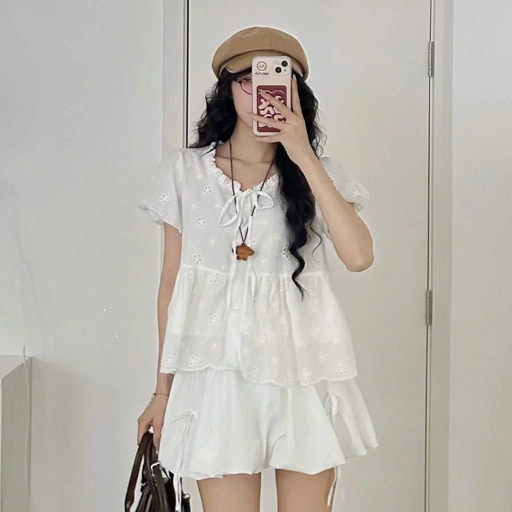 ÁO BABYDOLL PHỐI CỔ THẮT NƠ CHẤT REN THÊU HOA TAY BÈO SIÊU XINH MA499 | BigBuy360 - bigbuy360.vn