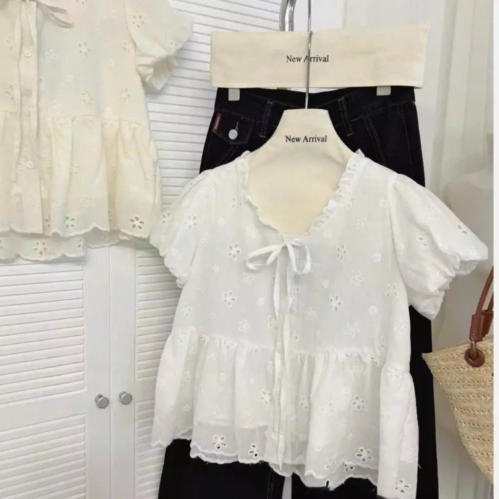 ÁO BABYDOLL PHỐI CỔ THẮT NƠ CHẤT REN THÊU HOA TAY BÈO SIÊU XINH MA499 | BigBuy360 - bigbuy360.vn