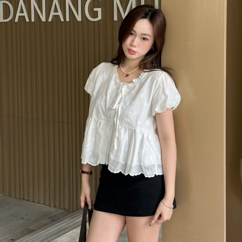 ÁO BABYDOLL PHỐI CỔ THẮT NƠ CHẤT REN THÊU HOA TAY BÈO SIÊU XINH MA499 | BigBuy360 - bigbuy360.vn