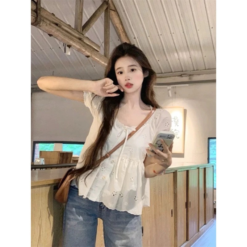 ÁO BABYDOLL PHỐI CỔ THẮT NƠ CHẤT REN THÊU HOA TAY BÈO SIÊU XINH MA499 | BigBuy360 - bigbuy360.vn