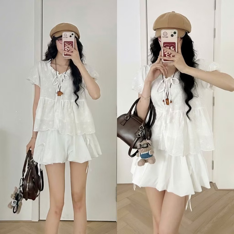 ÁO BABYDOLL PHỐI CỔ THẮT NƠ CHẤT REN THÊU HOA TAY BÈO SIÊU XINH MA499 | BigBuy360 - bigbuy360.vn
