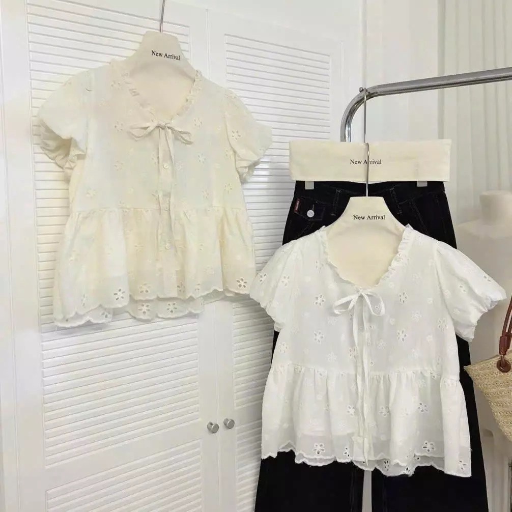 ÁO BABYDOLL PHỐI CỔ THẮT NƠ CHẤT REN THÊU HOA TAY BÈO SIÊU XINH MA499 | BigBuy360 - bigbuy360.vn