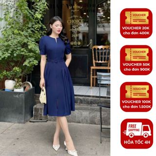 Đầm công sở Nhật Vy tay ngắn phối betl chất lụa dáng dài phù hợp đi làm dự tiệc dạo phố - D2985