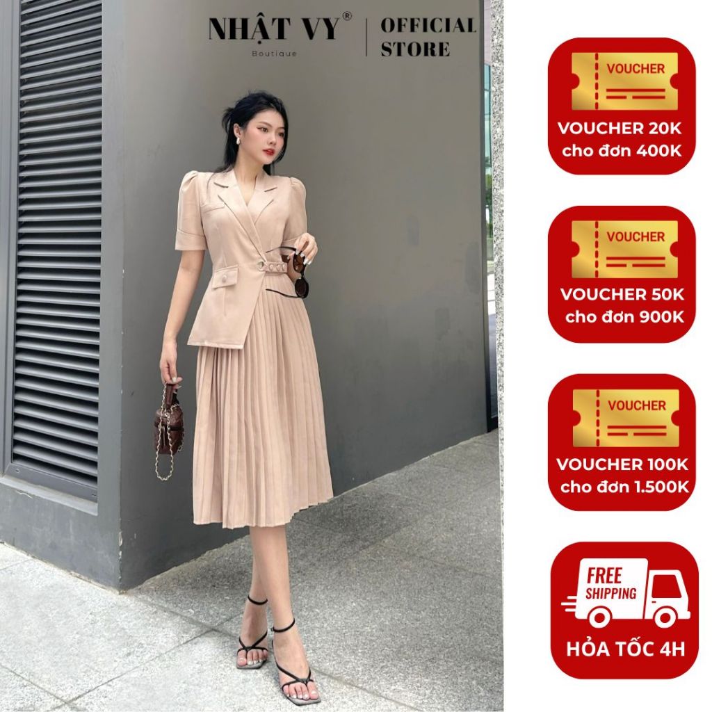 Đầm vest công sở Nhật Vy dập ly tay dáng dài chất lụa sọc gân phù hợp dự tiệc sang chảnh - D2724