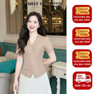 Áo công sở Nhật Vy cổ V đính nút bọc xẻ tà cách điệu chất lụa phù hợp đi chơi - D3249