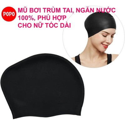 Mũ bơi POPO CA45 silicone co giãn, chống nước 100%, chùm tai cho nữ có tóc dài búi
