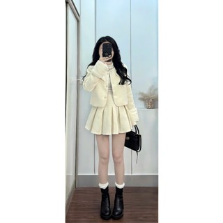   NEW  Set Dạ Tweed Tiểu Thư Tay Phối Lông Váy Dáng Ngắn Xếp Ly Sang Chảnh 