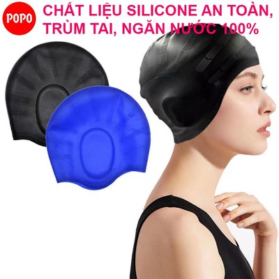 Mũ bơi người lớn silicone cao cấp POPO CA33 dùng được cho nam, nữ ngăn nước, chùm được búi tóc dài