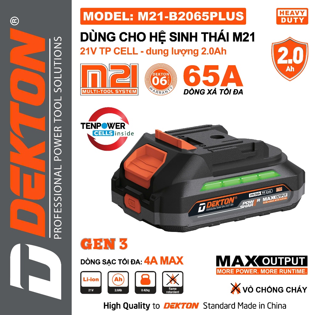 Pin chính hãng Dekton M21-B2065PLUS, 21V 2.0Ah, 5 TP cell, công nghệ lithium-ion, dung lượng 2.0AH