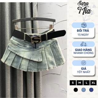 [TRỢ GIÁ] Chân váy bò xòe SARAMIA váy jean ngắn phối cạp dáng chữ A màu xanh đen A27