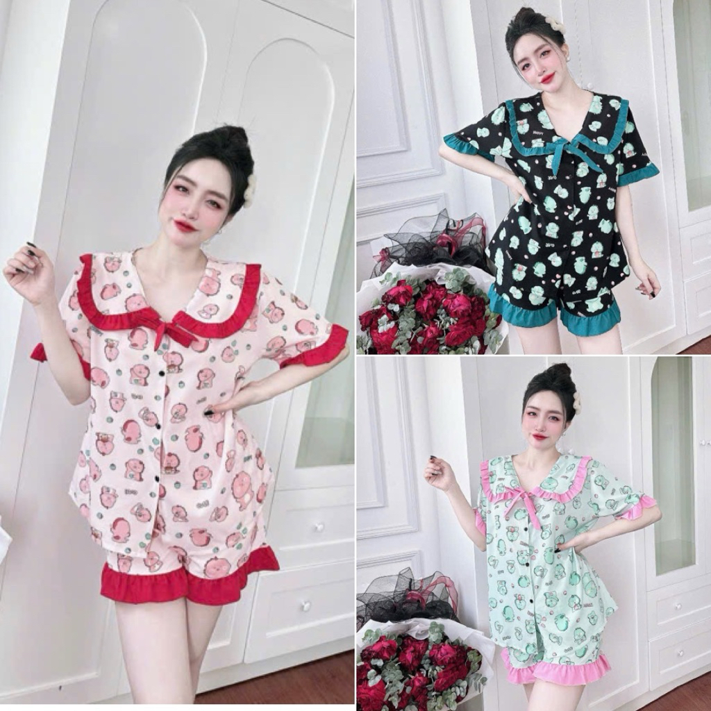 [Mẫu Đẹp 50-100kg] Đồ Bộ Đùi Bèo Tiểu Thư Cổ 2 Lá Lụa Nhật - Mango ,Cổ Vuông Mềm Mịn Cho Nàng Mũm Mĩm Béo