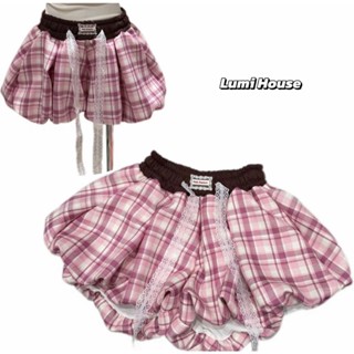 Quần short ống phồng,quần đùi nữ form bí hoạ tiết caro phối ren nơ cạp chun cực tôn dáng phong cách Ulzzang