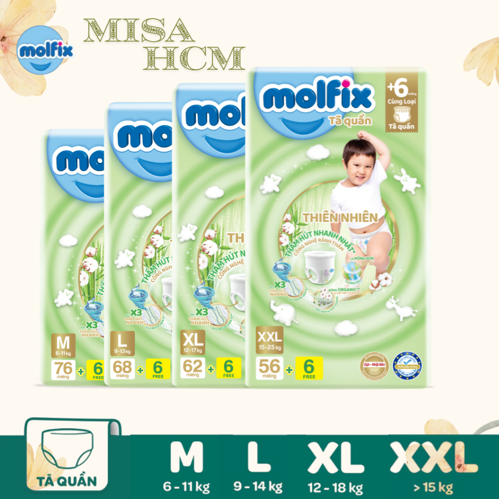 [Mẫu mới] Tã QUẦN ORGANIC Thổ Nhĩ Kỳ Molfix đủ size M(76+8), L(68+8), XL(62+8),XXL(56+6), XXXL(22+6)