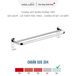 Thanh Vắt Khăn Phòng Tắm INOX 304 MoLuux / Tặng Kèm Keo Dán Và Đinh Vít, Dài 60cm, Có Thêm Móc Treo