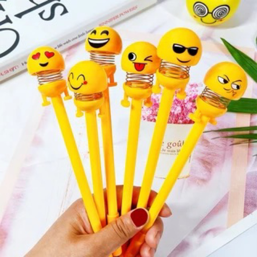 Bút bi nước đầu gắn emoji lò xo (2 cái)