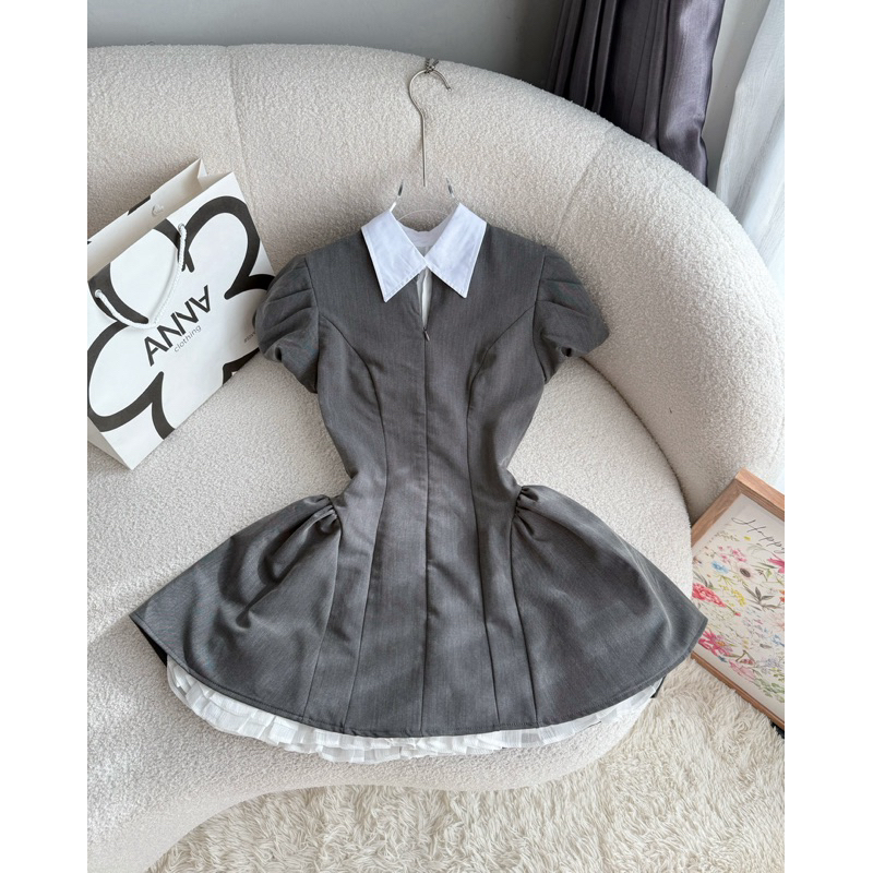 Đầm Kiểu Xám Phối Cổ Trắng Anna - Mikel Dress