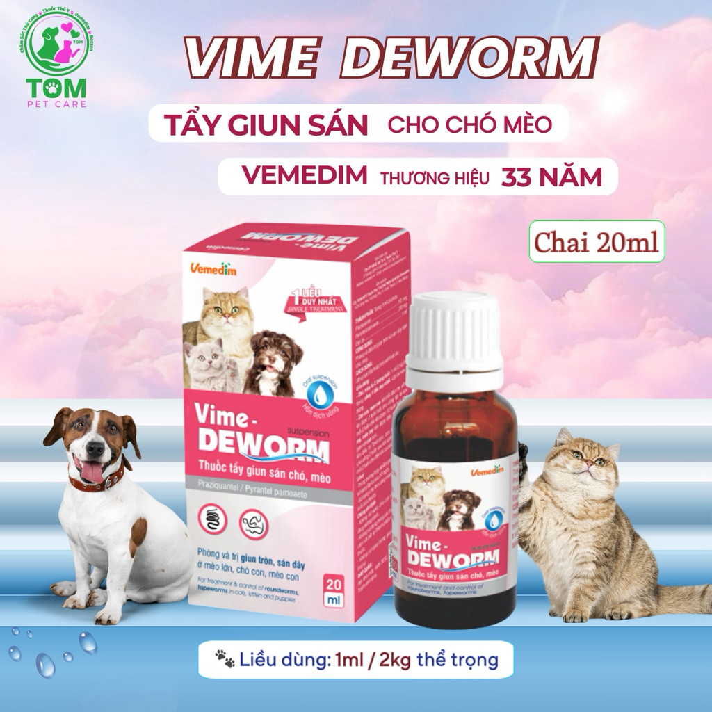 VIME DEWORM Vemedim tẩy Giun sán cho CHÓ MÈO, xổ giun sán. chai 20ml