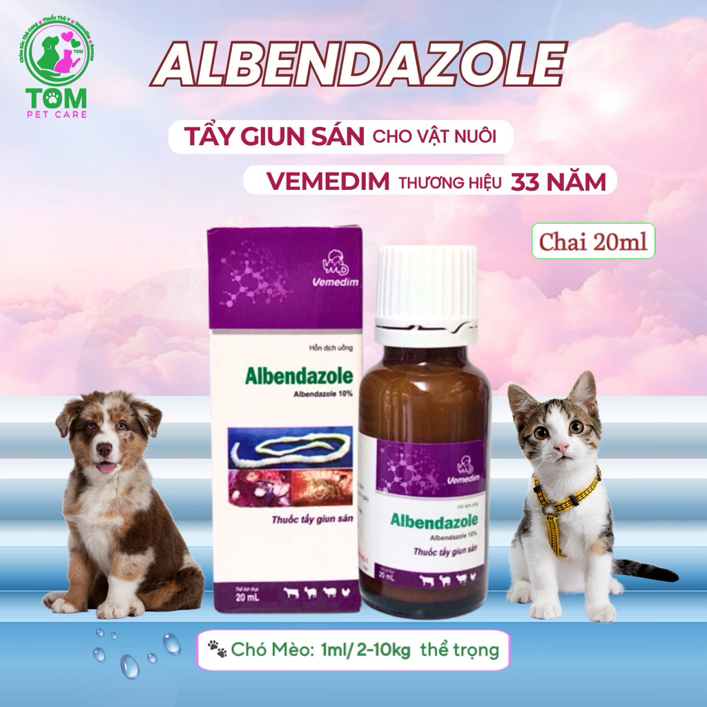 ALBENDAZOLE thuốc tẩy giun sán cho Chó Mèo, xổ giun sán gia súc, gia cầm. Vemedim Chai 20ml