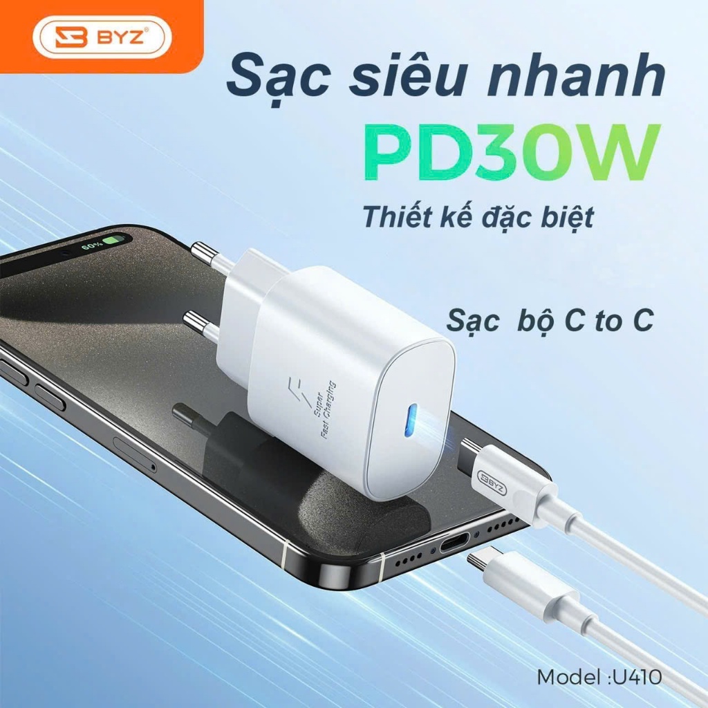 Sạc BYZ U410 siêu nhanh PD 30W cho Ip, Type-C