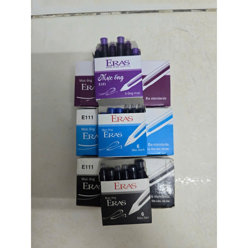 Hộp 6 mực ống Eras E111 ( xanh - đen - tím) dùng cho bút máy