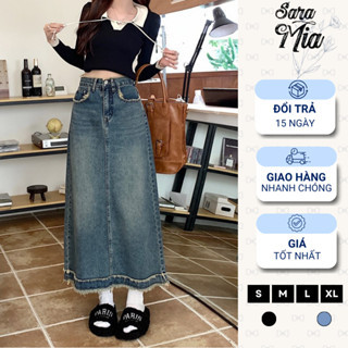Chân váy jean dài cạp cao SARAMIA váy bò dáng chữ a tua rua gấu phong cách hàn quốc V9