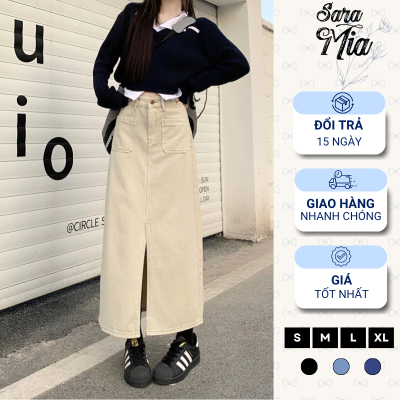 Chân váy bò SARAMIA chữ a váy jean dài xẻ tà trước lưng cao có hai túi màu xanh retro V13 | BigBuy360 - bigbuy360.vn