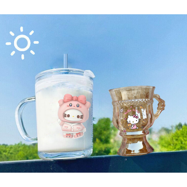 Ly thuỷ tinh mèo Kitty sanrio cốc lolita có quai nắp ống hút 140ml 400ml C29U15 dễ thương hoạt hình