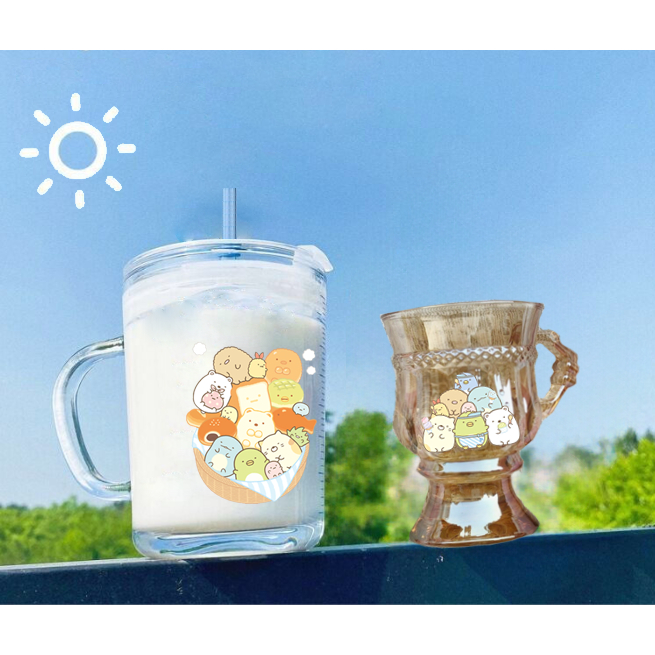 Ly thuỷ tinh sumikko cốc lolita có quai nắp ống hút 140ml 400ml C29U32 màu hổ phách dễ thương hoạt h