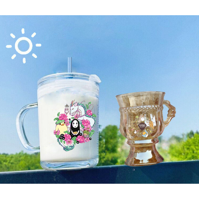 Ly thuỷ tinh Totoro cốc lolita có quai nắp ống hút 140ml 400ml C29U28 màu hổ phách dễ thương hoạt hì
