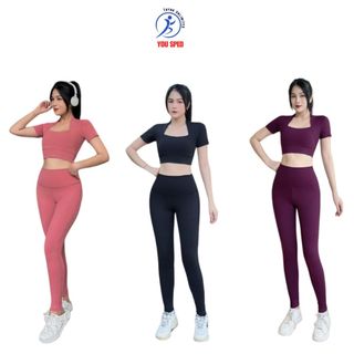  Đồ tập gym yoga nữ cao cấp quần dài áo croptop bộ tập gym nữ cổ vuông dạng yếm tay ngắn chất dày mịn đẹp  BD012  