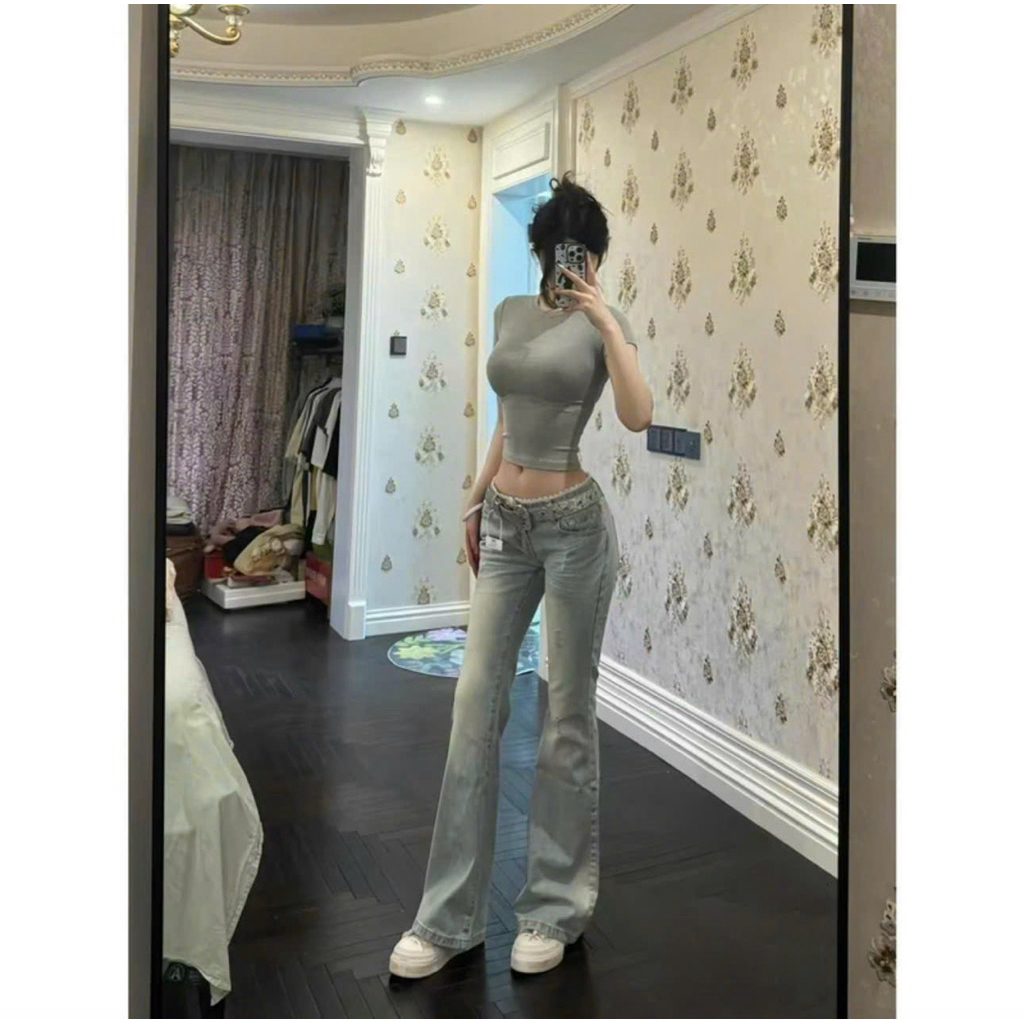 Quần Jeans Nữ Lưng Cao Form ôm Ống Loe Phối Ren màu Xanh Nhạt Demin Hách Dáng Quần Bò Nữ Dáng Ôm Basic Jeans | BigBuy360 - bigbuy360.vn