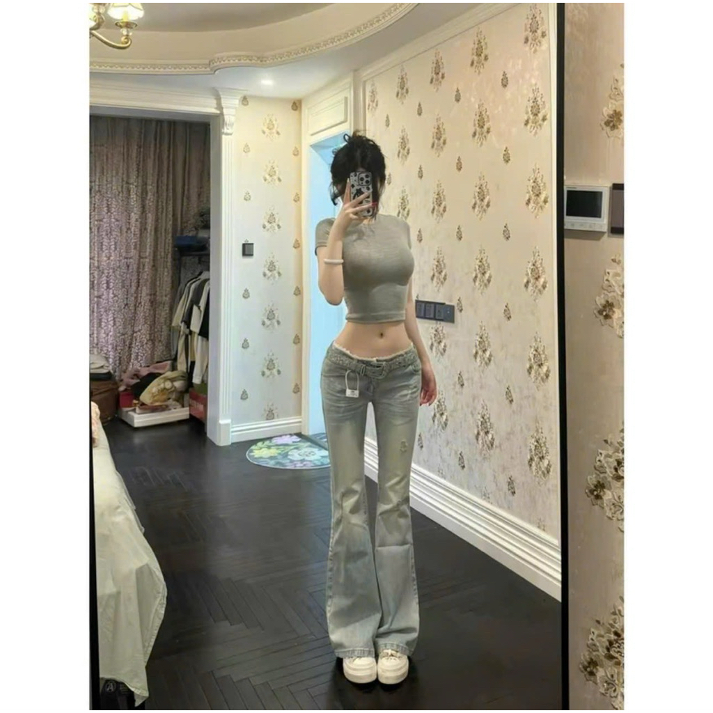 Quần Jeans Nữ Lưng Cao Form ôm Ống Loe Phối Ren màu Xanh Nhạt Demin Hách Dáng Quần Bò Nữ Dáng Ôm Basic Jeans | BigBuy360 - bigbuy360.vn