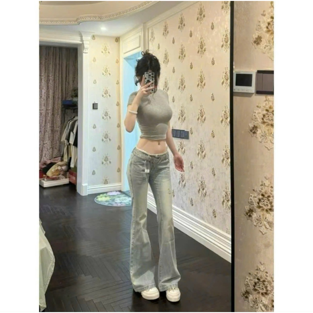 Quần Jeans Nữ Lưng Cao Form ôm Ống Loe Phối Ren màu Xanh Nhạt Demin Hách Dáng Quần Bò Nữ Dáng Ôm Basic Jeans | BigBuy360 - bigbuy360.vn