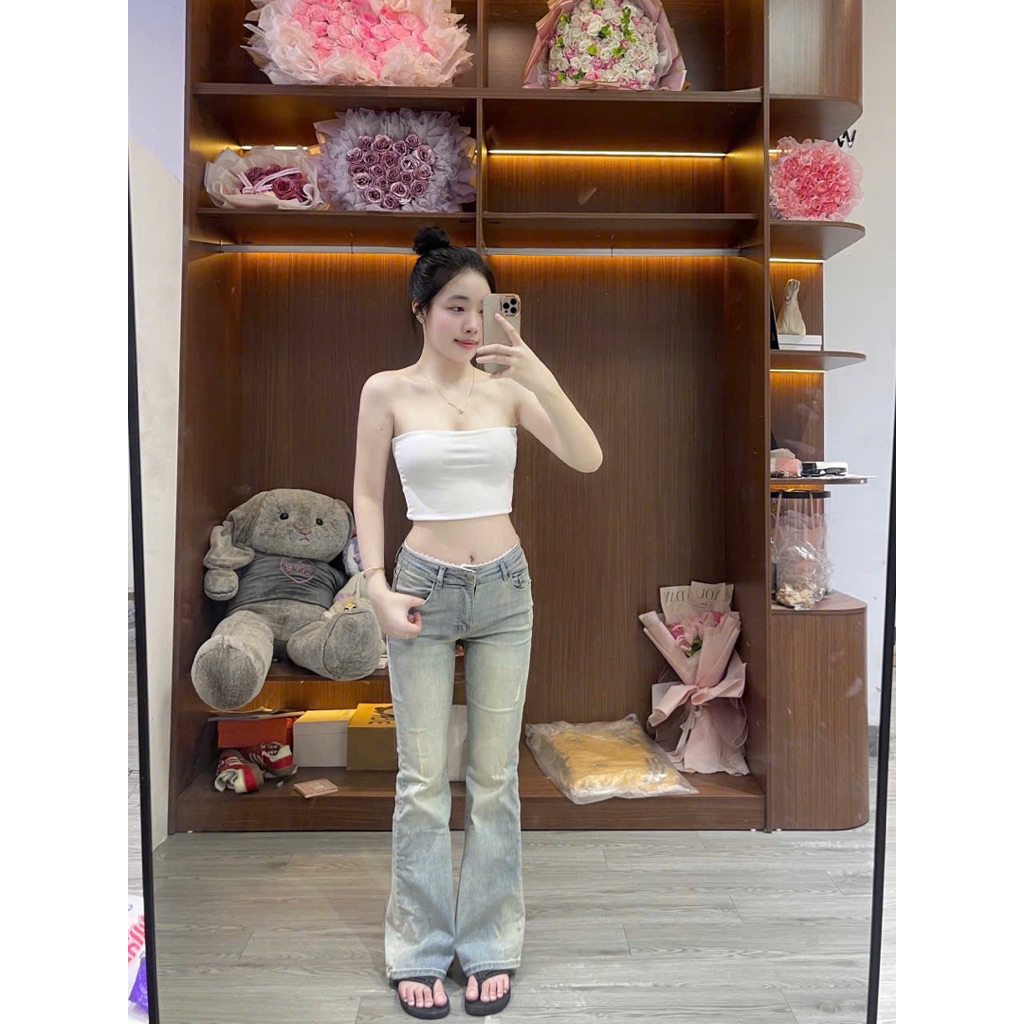 Quần Jeans Nữ Lưng Cao Form ôm Ống Loe Phối Ren màu Xanh Nhạt Demin Hách Dáng Quần Bò Nữ Dáng Ôm Basic Jeans | BigBuy360 - bigbuy360.vn