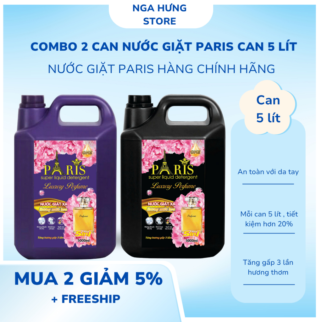 Combo 2 Can Nước Giặt Paris - Mỗi Can 5 Lít , Tăng Gấp 3 Lần Hương Nước Hoa  , Đậm Đặc , Nhiều Bọt