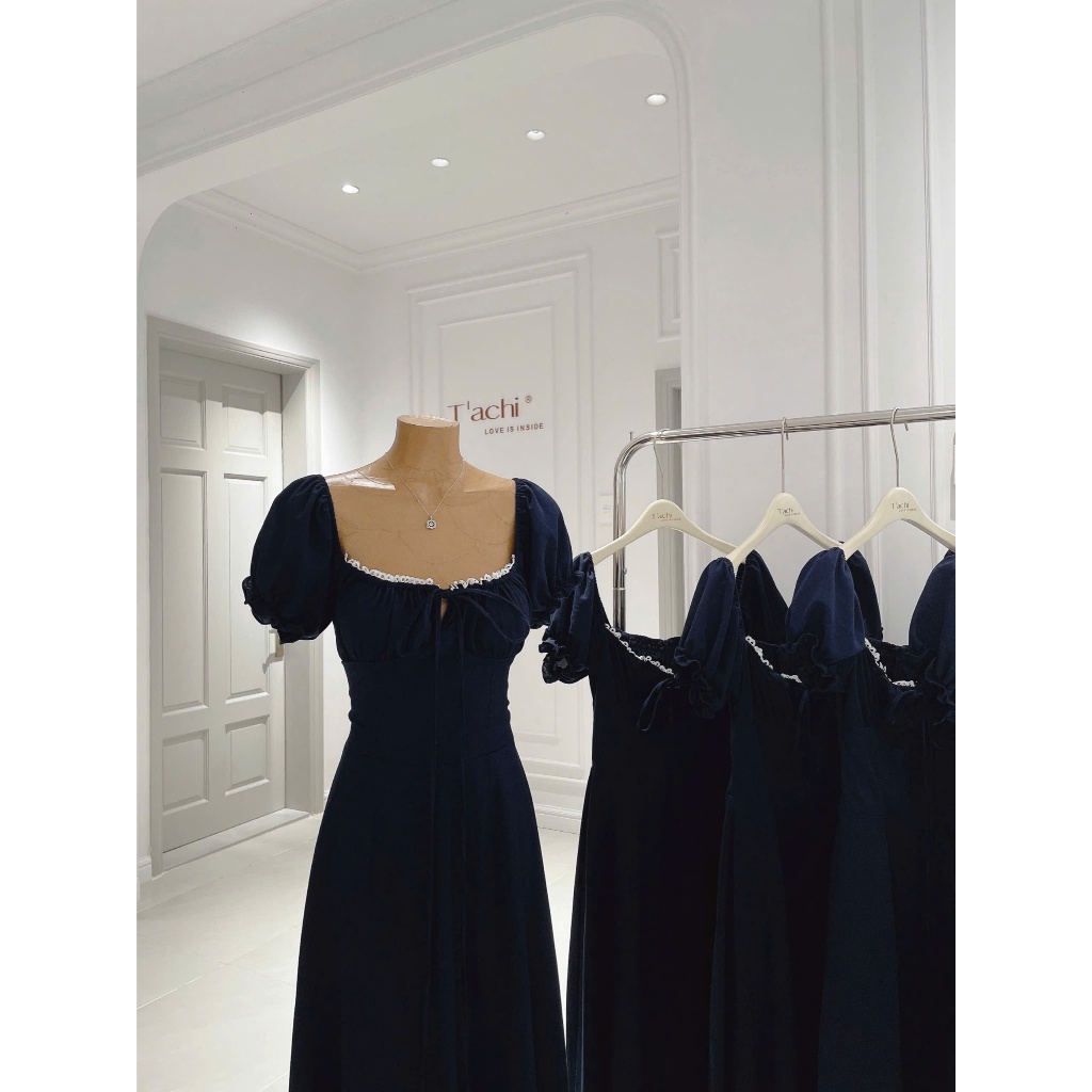 ĐẦM MIDI NAVY CỔ VUÔNG XẾP LY | BigBuy360 - bigbuy360.vn