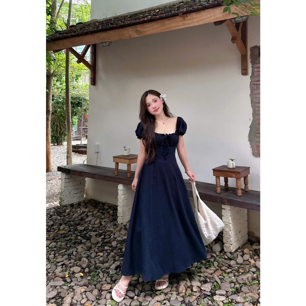 ĐẦM MIDI NAVY CỔ VUÔNG XẾP LY | BigBuy360 - bigbuy360.vn