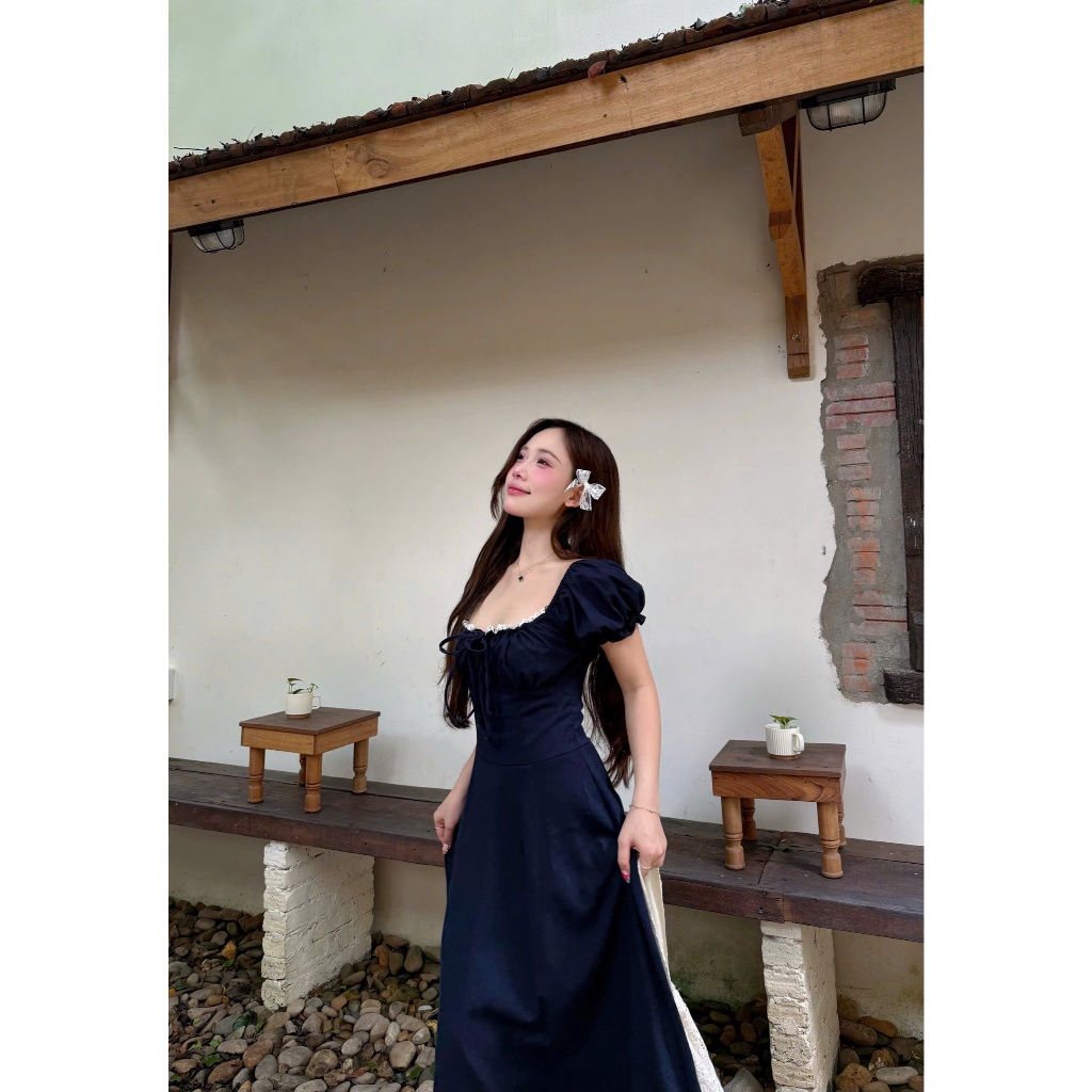 ĐẦM MIDI NAVY CỔ VUÔNG XẾP LY | BigBuy360 - bigbuy360.vn