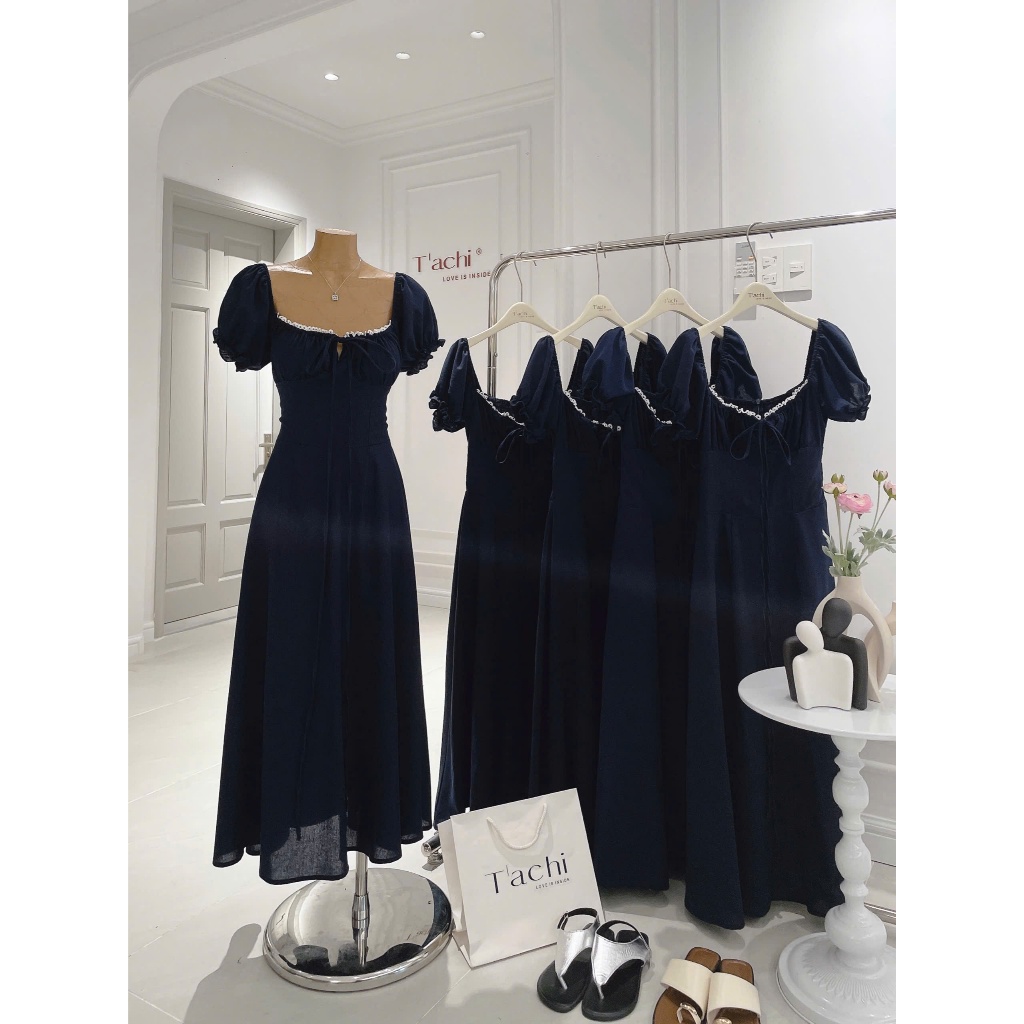 ĐẦM MIDI NAVY CỔ VUÔNG XẾP LY | BigBuy360 - bigbuy360.vn