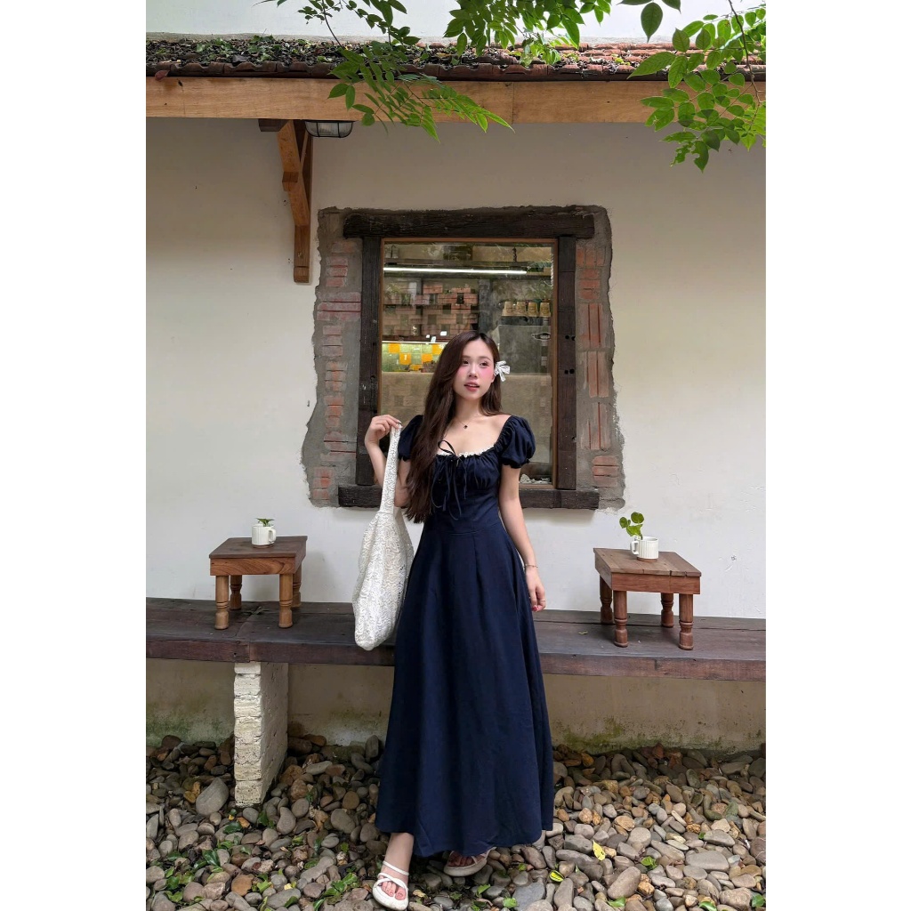 ĐẦM MIDI NAVY CỔ VUÔNG XẾP LY | BigBuy360 - bigbuy360.vn