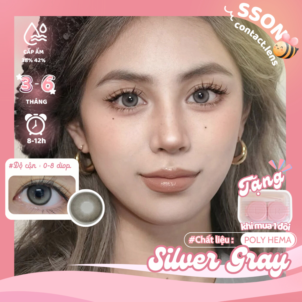 Kính Áp Tròng màu Silver Gray Gdia13.8mm Lens cận 1 cặp (2 chiếc) 0~6 độ [1 NĂM/KÈM KHAY] SsonLens