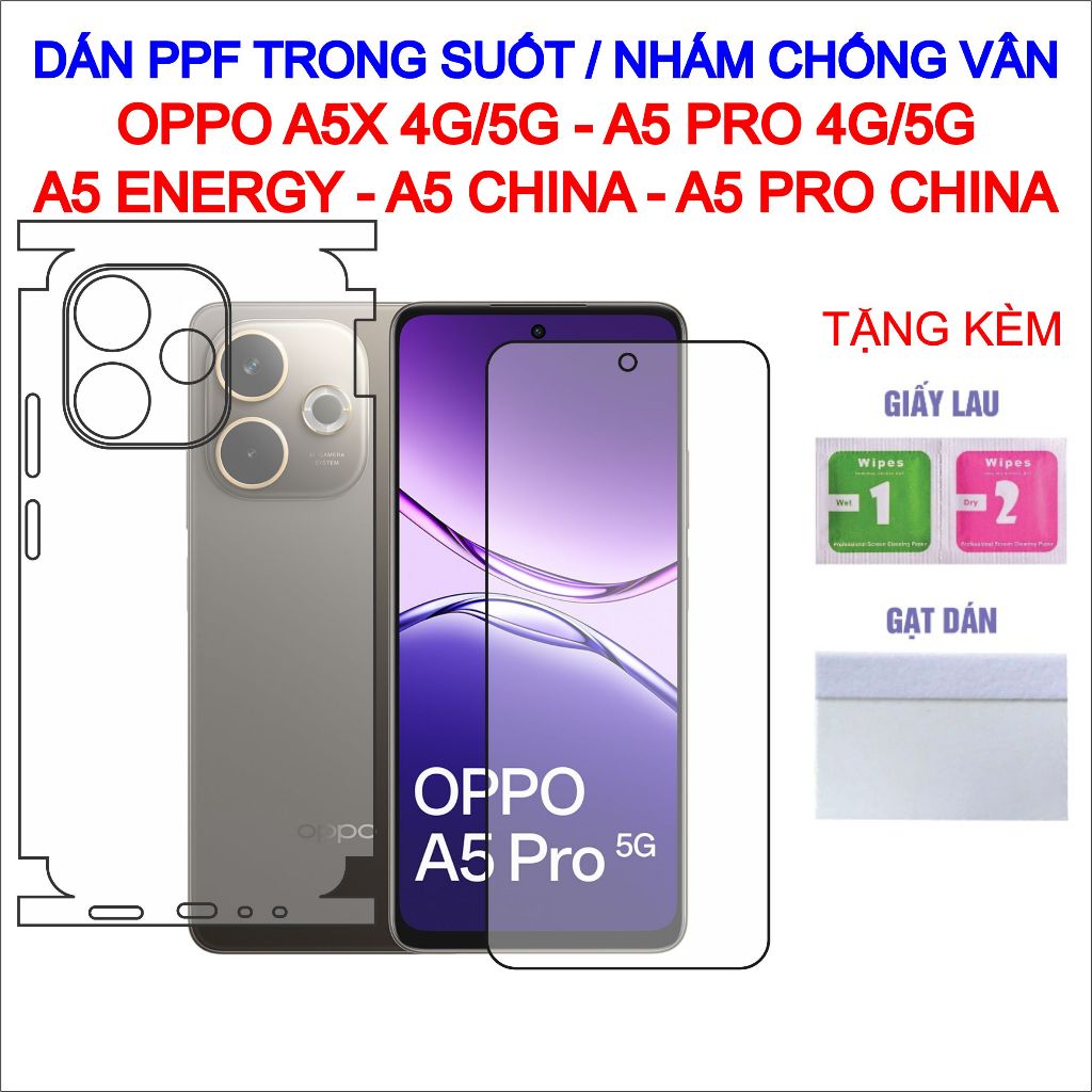 Dán PPF Oppo A5X, A5 Pro, A5 Energy, A5 China, A5 Pro China full lưng viền, màn hình