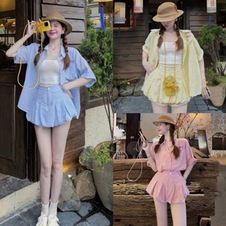 Set 3 Chi Tiết: Áo Sơ Mi Túi Ngực Chữ 3 Màu + Áo Quây Tăm Mix Chân Váy Bí Phồng Xếp Ly Phối Quần Bảo Hộ Viền Ren Xinh