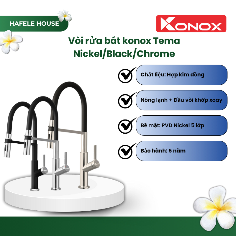 Vòi rửa bát thân mềm Konox Tema Chrome/Nickel/Black chính hãng - HHS